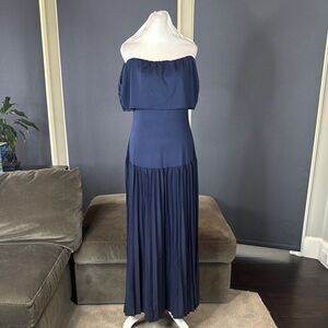Women’s Navy Off-Shoulder Maxi Dress Pleated Skirt Size L